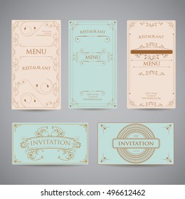 Set Of Vintage Luxury Greeting Restaurant Menu Design Template with Flourish Art Deco Frame Elegant Border and Flourishes Corner Elements