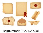 Set vintage magic envelope, letters, parchment paper, scroll with red wax seal in cartoon style isolated on white background. Old grunge paper,textured. Antique mail, correspondence.