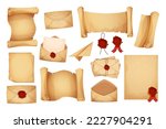 Set vintage magic envelope, letters, parchment paper, scroll with red wax seal in cartoon style isolated on white background. Old grunge paper,textured. Antique mail, correspondence.