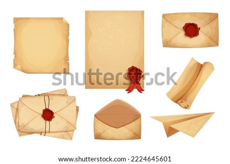 Set vintage magic envelope, letters, parchment paper, scroll with red wax seal in cartoon style isolated on white background. Old grunge paper,textured. Antique mail, correspondence.