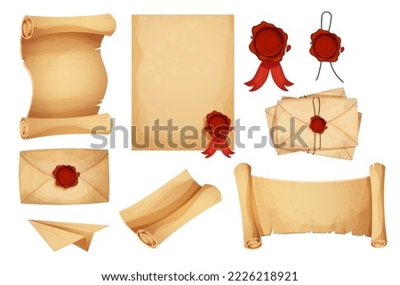 Set vintage magic envelope, letters, parchment paper, scroll with red wax seal in cartoon style isolated on white background. Old grunge paper,textured. Antique mail, correspondence.