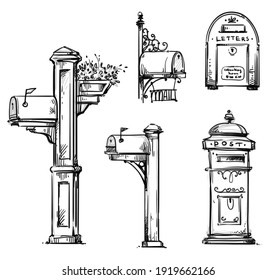 Set of vintage mailboxes, post mounted mailbox vector sketch. 