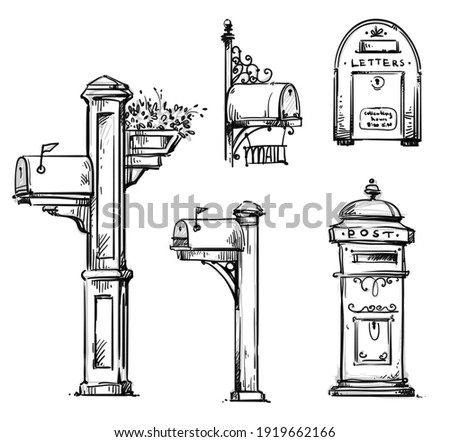 Set of vintage mailboxes, post mounted mailbox vector sketch. 