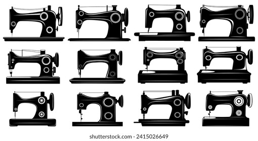 Set vintage manual sewing machine silhouette icon. Tailor logo monochrome vector illustration