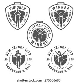 Set of vintage marathon labels, medals and design elements