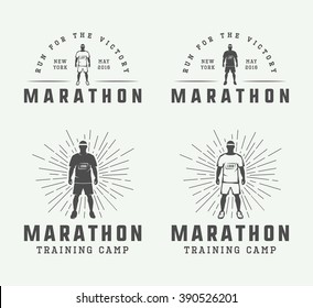 Set of vintage marathon or run logo, emblem, badge, poster, print or label. Vector Illustration.