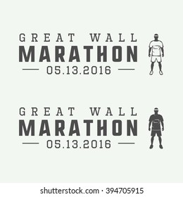 Set of vintage marathon or run logo, emblem, badge, poster, print or label. Vector Illustration