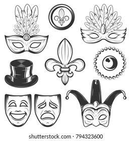 Set of vintage Mardi Gras and Venetian Carnival decorating elements in monochrome style