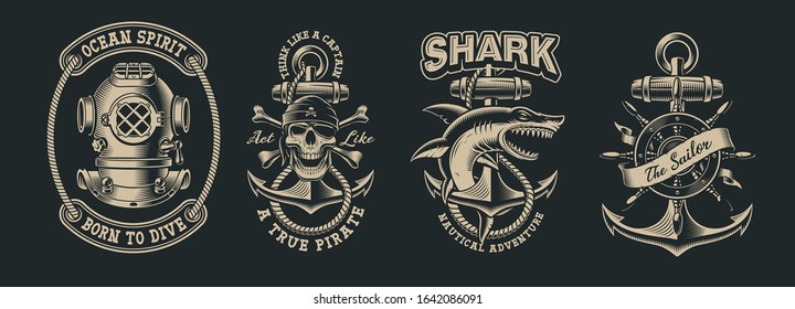 Set of vintage marine illustration with skull, shark, diver helmet. Perfect for the shirt designs and many other. Text is on the separate group.