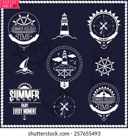  Set of vintage marine logos. Vector logotypes and badges with yacht, wheel, lighthouse and wind rose.