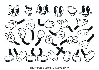 Set of vintage mascot elements. Line icons of arms, legs and facial expressions to create character in 30s style. Retro body parts. Cartoon outline vector collection isolated on white background