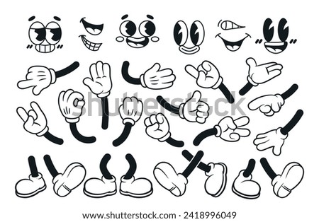 Set of vintage mascot elements. Line icons of arms, legs and facial expressions to create character in 30s style. Retro body parts. Cartoon outline vector collection isolated on white background