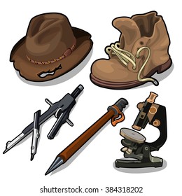 Set of vintage measuring devices and clothes in the style of the wild West. Vector illustration.