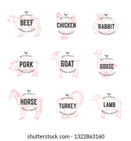 Set of vintage meat shop labels. Vector illustration.