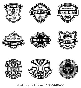 Set of vintage meat store labels. Design element for logo, emblem, sign, poster. Vector illustration