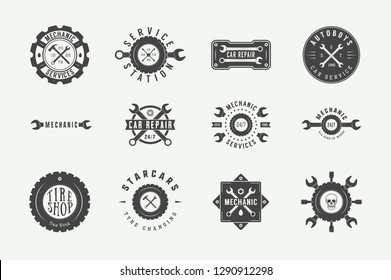 Set of vintage mechanic label, emblem, badge and logo. Vector illustration. Graphic Art - Vector
