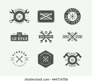 Set of  vintage mechanic label, emblem, badge and logo. Vector illustration. Graphic Art