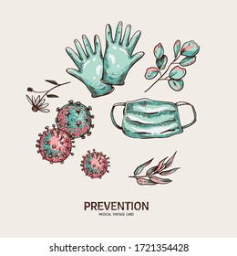 Set of vintage medical equipment, vector medical masks, blue gloves, hand washing, virus protection on white background