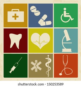 Set Of Vintage Medical Icons On Retro Poster Background, Vector Illustration