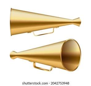 Set Of Vintage Megaphone Speaker Or Loudspeaker Bullhorn. Retro Horn Loudhailer, Sound Amplifier For Alert And Marketing Announcement Speakerphone. Vector Illustration