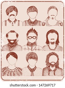 Set of vintage men hairstyles, clothes and accessories.