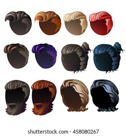 Set of vintage men's and women's wigs. Vector illustration.