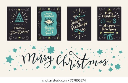 Set of vintage Merry Christmas cards. Wishing You A Merry Christmas. Season's Greetings. Happy New Year. Vintage hand drawn greeting cards in vector. Flat design illustration