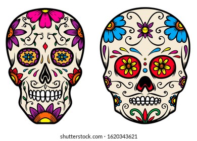 Set of vintage mexican sugar skull isolated on white background. Design element for logo, label, sign, poster. Vector illustration
