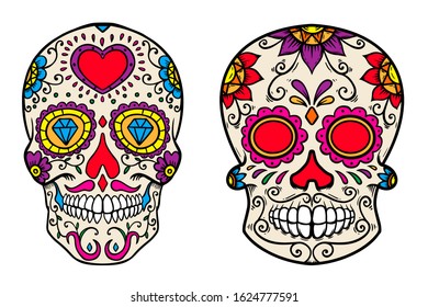 Set of vintage mexican sugar skull isolated on white background. Design element for logo, label, sign, poster. Vector illustration