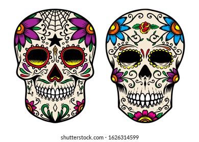 Set of vintage mexican sugar skull isolated on white background. Design element for logo, label, sign, poster. Vector illustration