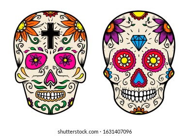 Set of vintage mexican sugar skull isolated on white background. Design element for logo, label, sign, poster. Vector illustration