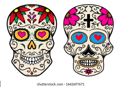 Set of vintage mexican sugar skull isolated on white background. Design element for logo, label, sign, poster. Vector illustration