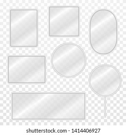 Set of vintage mirrors with blurry reflection. Realistic mirror frames with steel borders and transparent surface. Vector