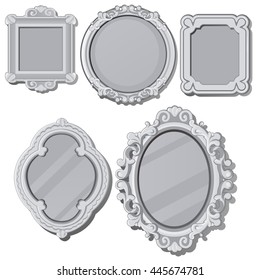 Set of vintage mirrors with reflection gray color. Vector illustration.