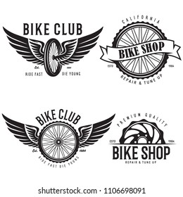Set of vintage and modern bike shop logo badges and labels. Cycle wheel isolated vector. Old style bicycle shop and club logotypes. Creative Vector Typography Poster Concept.