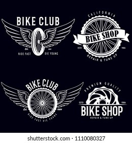 Set of vintage and modern bike shop logo badges and labels. Cycle wheel isolated vector. Old style bicycle shop and club logotypes. Creative Vector Typography Poster Concept.