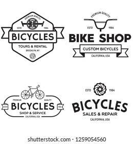 Set of vintage and modern bike shop logo badges and labels. Cycle wheel isolated vector. Old style bicycle shop and repair logotypes. Vector illustration.