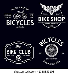 Set of vintage and modern bike shop logo badges and labels. Cycle wheel isolated vector. Old style bicycle shop and repair logotypes. Vector illustration.