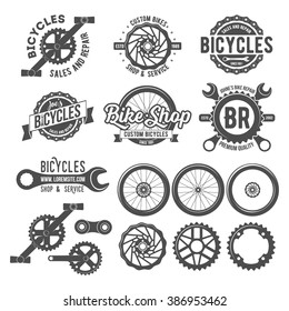 Set of vintage and modern bike shop logo badges and labels. Cycle wheel isolated vector. Old style bicycle shop and repair logotypes