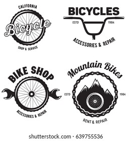 Set of vintage and modern bike shop logo badges and labels. Cycle wheel isolated vector. Old style bicycle shop and repair logotypes