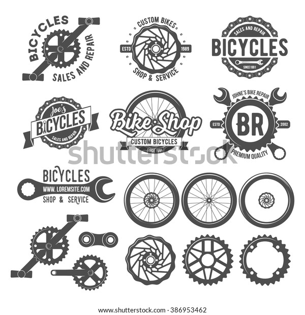 Set of vintage and modern bike shop logo badges\
and labels. Cycle wheel isolated vector. Old style bicycle shop and\
repair logotypes