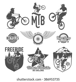 Set Of Vintage And Modern Biking Shop Logo Badges And Labels. Biking  Silhouette,mountain Bike Wheel,biking And Riding,biking Jump, Mountain Bike Rider, Extreme Mtb Vector Template. 