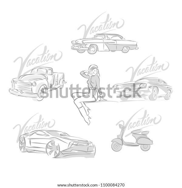Set of vintage and modern cars drawings.\
Hand drawn vector\
illustrations.