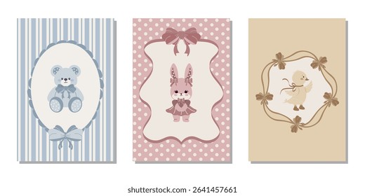A set of vintage modern children's banners with hand-drawn teddy bear, rabbit and duckling for invitations, greeting cards, covers, posters and more. Flat vector illustration.