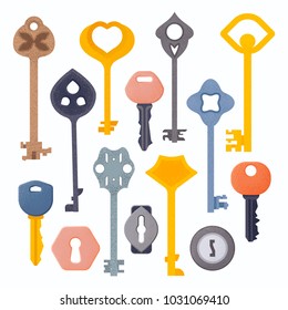 Set of vintage and modern door, car keys with spray scatter effect and grunge texture. House security safety tool design elements. Vector illustration isolated on white background. 

