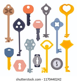 Set of vintage and modern door, car keys and keyholes. House security safety tool design elements. Vector illustration isolated on white background.