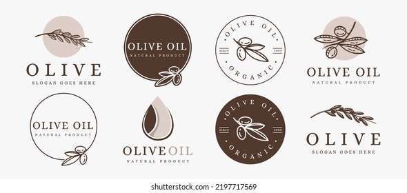 Set of Vintage modern line art nature olive oil, olive branch logo design vector on white background