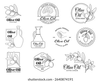 Set of vintage and modern olive oil logos and labels with olive branches, bottles, and typography. Perfect for organic product branding and packaging design.