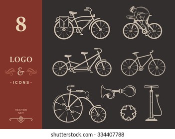 Set of vintage, modern and retro logo, sign, icons and silhouette bicycle, pro bike and equipment. Cycling typography sign for old emblems - Stock Vector