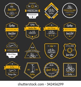 Set of vintage, modern and retro logo badges and labels bicycle, pro bike, shop, equipment and club. Cycling typographic sign, icons and old emblems - Stock Vector